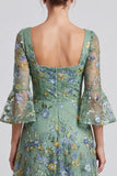 Dusty Sage Floral A Line Square Neck Midi Formal Dress with Sleeves