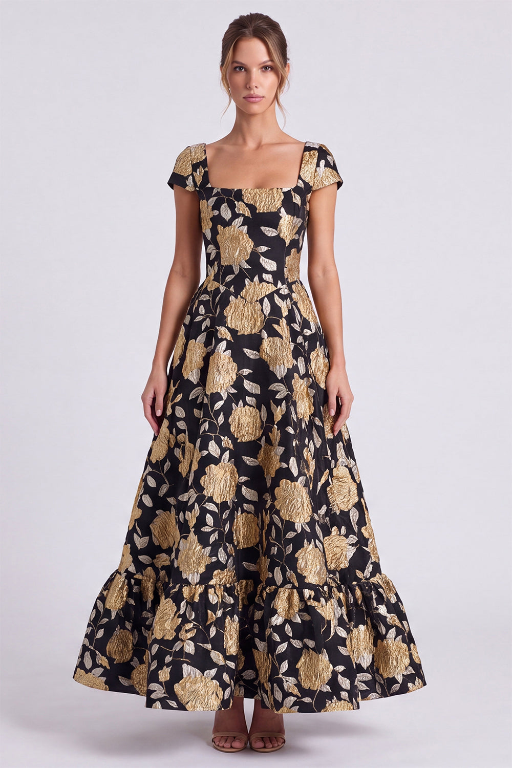 Black Gold Flower A Line Square Neck Cap Sleeves Long Formal Dress