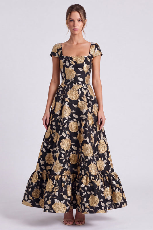 Black Gold Flower A Line Square Neck Cap Sleeves Long Formal Dress