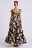 Black Gold Flower A Line Square Neck Cap Sleeves Long Formal Dress