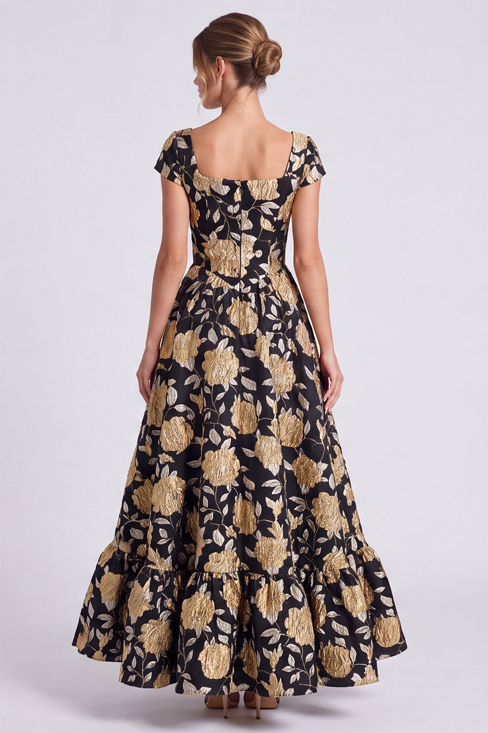 Black Gold Flower A Line Square Neck Cap Sleeves Long Formal Dress