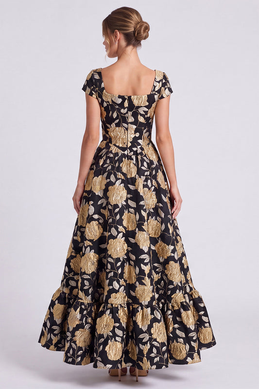 Black Gold Flower A Line Square Neck Cap Sleeves Long Formal Dress