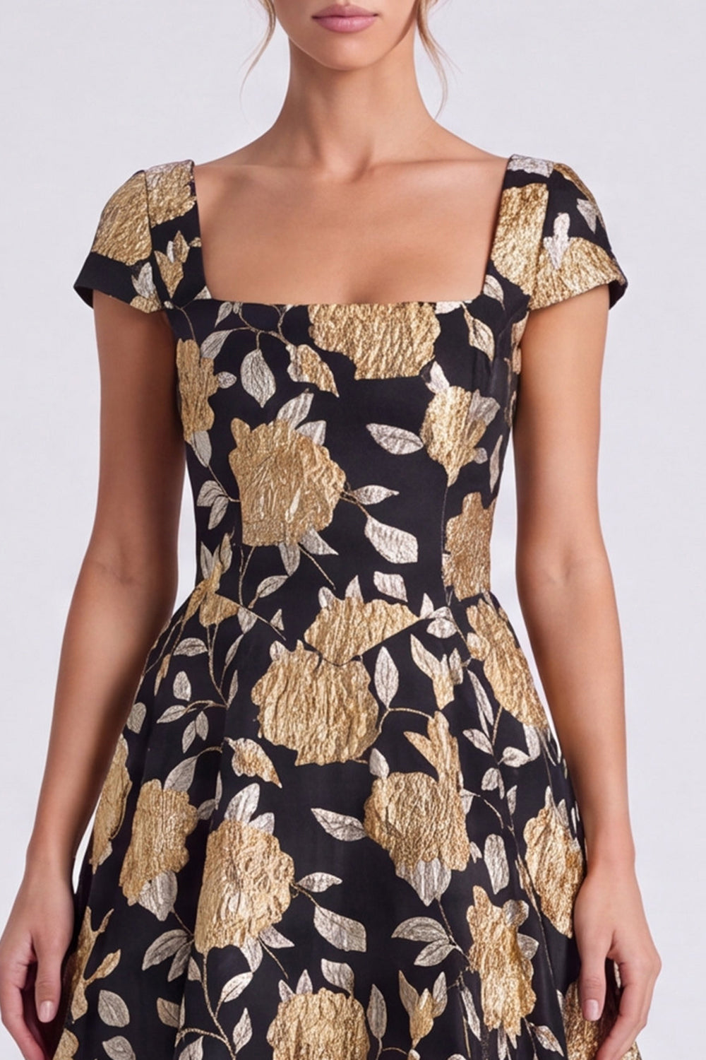 Black Gold Flower A Line Square Neck Cap Sleeves Long Formal Dress