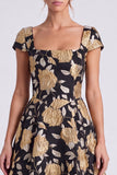 Black Gold Flower A Line Square Neck Cap Sleeves Long Formal Dress