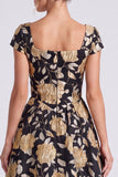 Black Gold Flower A Line Square Neck Cap Sleeves Long Formal Dress