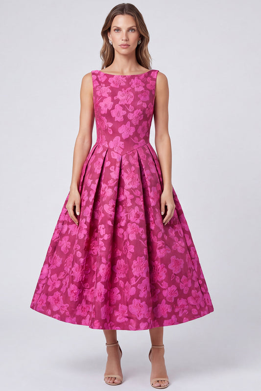 Fuchsia A Line Floral Bateau Neck Ruched Midi Formal Dress