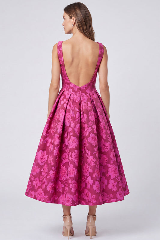 Fuchsia A Line Floral Bateau Neck Ruched Midi Formal Dress