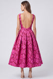 Fuchsia A Line Floral Bateau Neck Ruched Midi Formal Dress