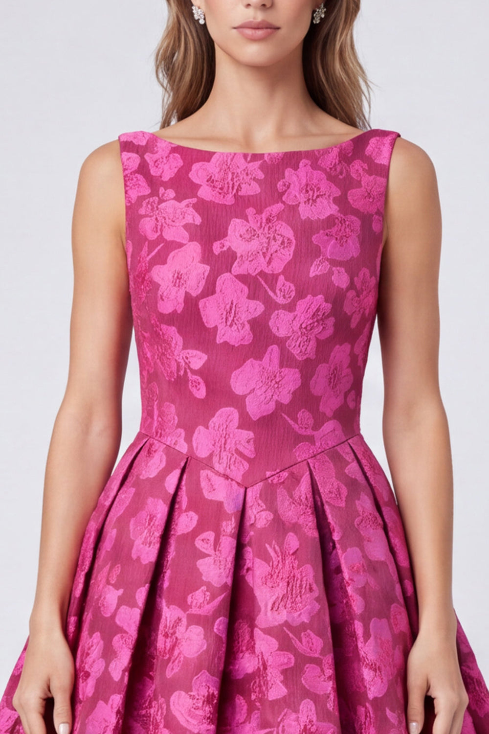 Fuchsia A Line Floral Bateau Neck Ruched Midi Formal Dress