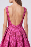 Fuchsia A Line Floral Bateau Neck Ruched Midi Formal Dress