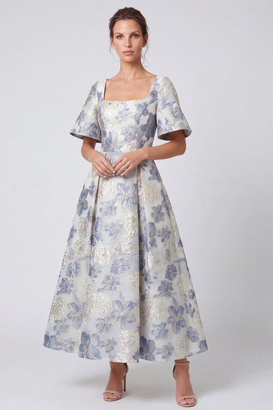 Dusty Blue Floral A Line Square Neck Long Formal Dress with Sleeves