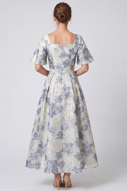 Dusty Blue Floral A Line Square Neck Long Formal Dress with Sleeves