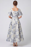 Dusty Blue Floral A Line Square Neck Long Formal Dress with Sleeves