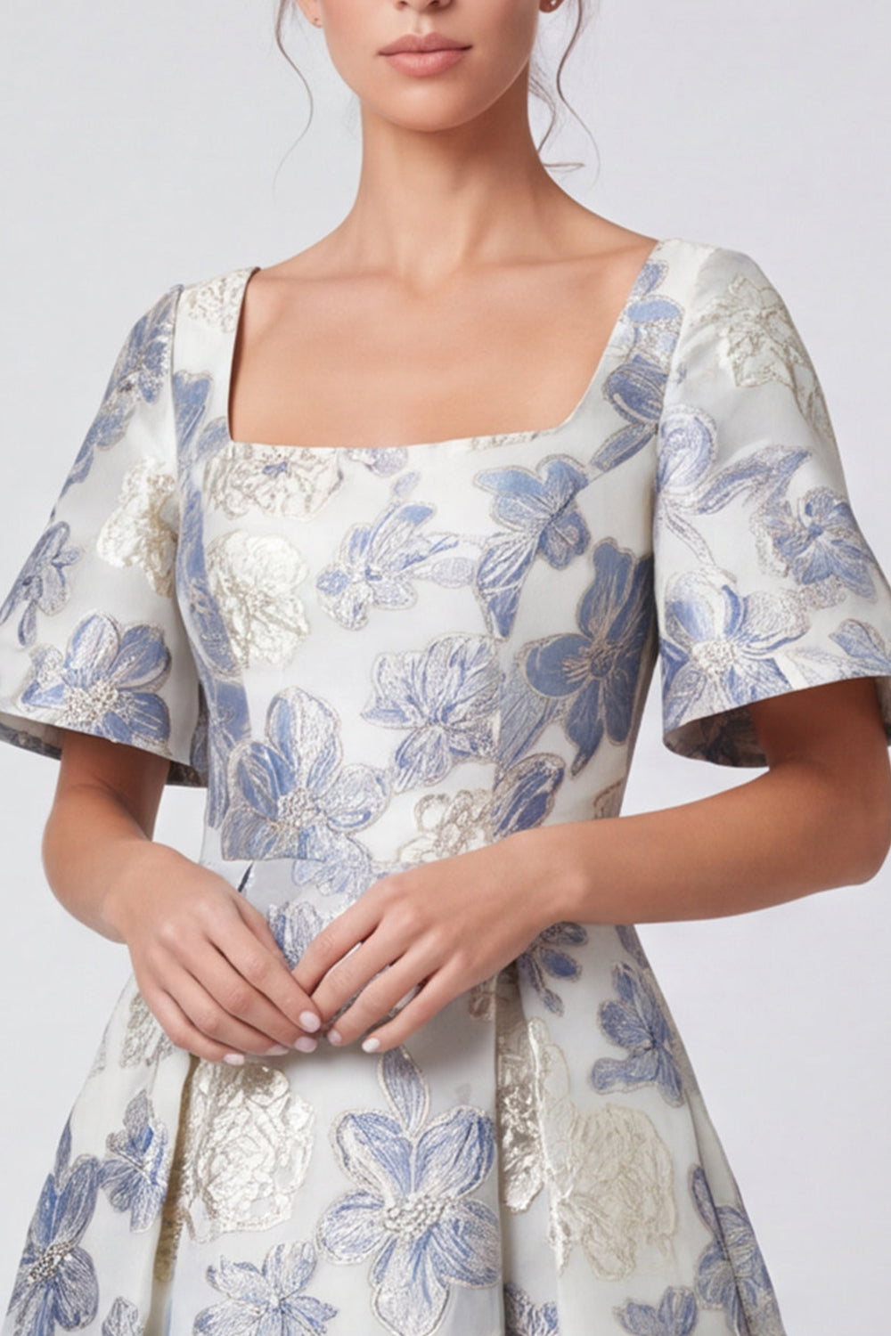 Dusty Blue Floral A Line Square Neck Long Formal Dress with Sleeves