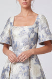 Dusty Blue Floral A Line Square Neck Long Formal Dress with Sleeves