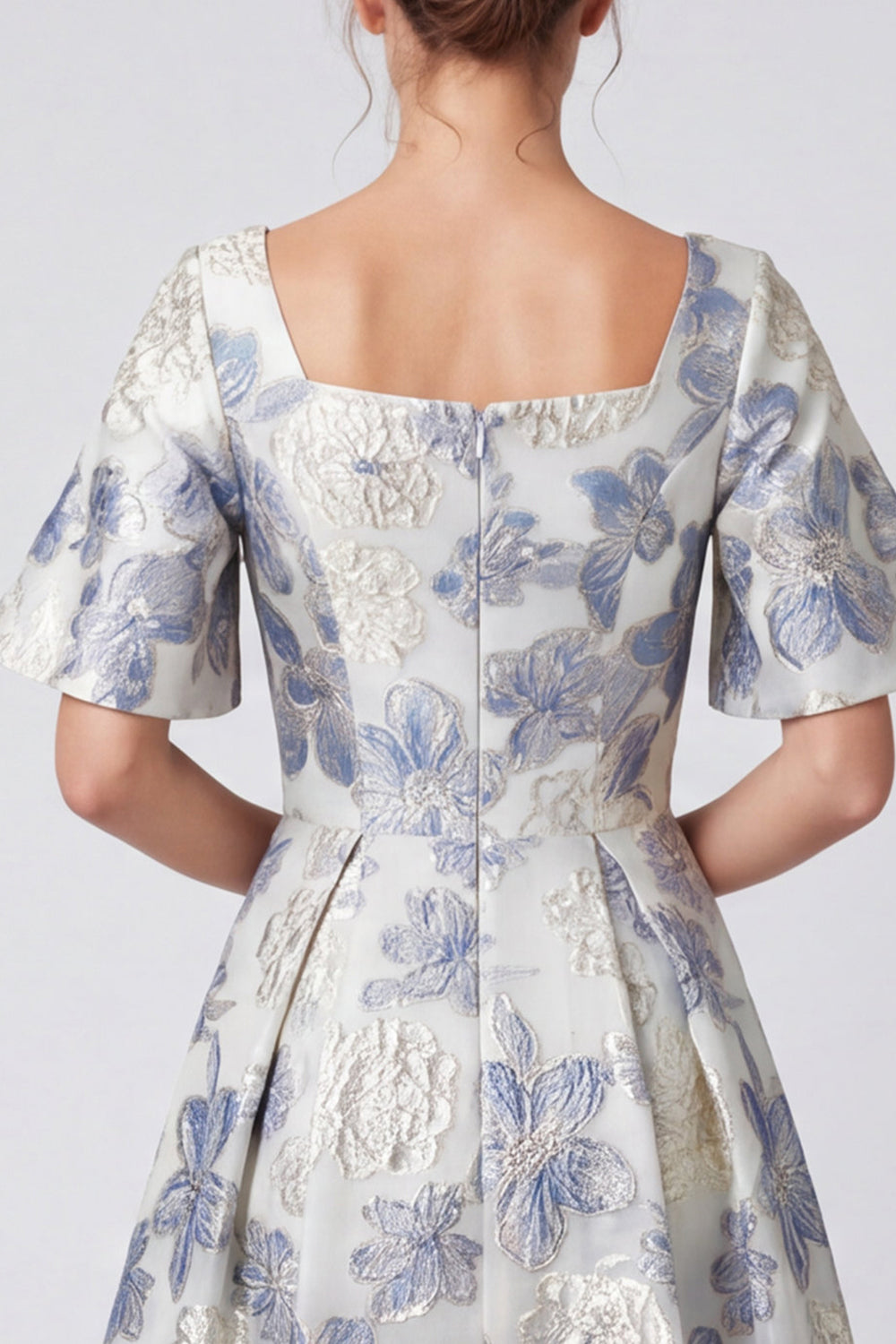 Dusty Blue Floral A Line Square Neck Long Formal Dress with Sleeves