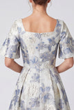 Dusty Blue Floral A Line Square Neck Long Formal Dress with Sleeves