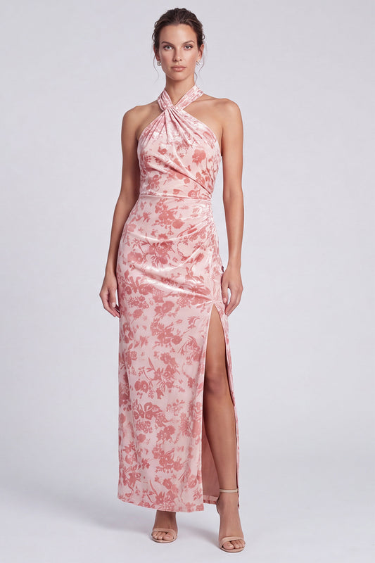 Pink Floral Halter Velvet Sheath Long Formal Dress with Slit