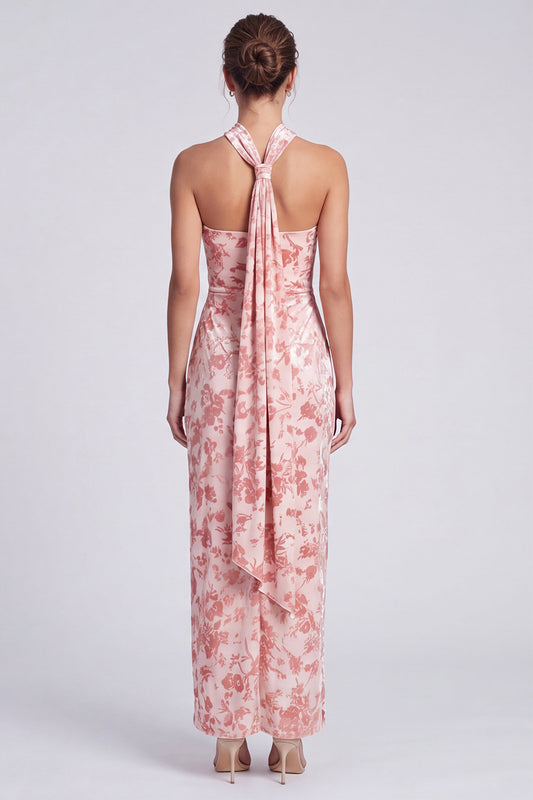 Pink Floral Halter Velvet Sheath Long Formal Dress with Slit