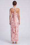 Pink Floral Halter Velvet Sheath Long Formal Dress with Slit
