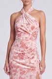 Pink Floral Halter Velvet Sheath Long Formal Dress with Slit