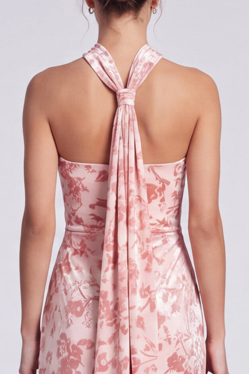 Pink Floral Halter Velvet Sheath Long Formal Dress with Slit