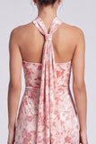 Pink Floral Halter Velvet Sheath Long Formal Dress with Slit