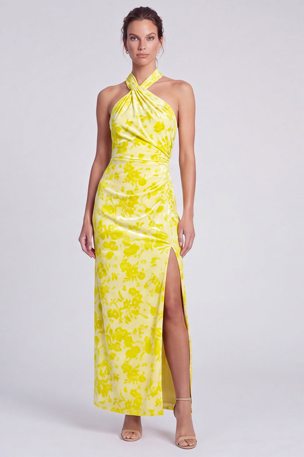 Pink Floral Halter Velvet Sheath Long Formal Dress with Slit