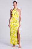 Pink Floral Halter Velvet Sheath Long Formal Dress with Slit