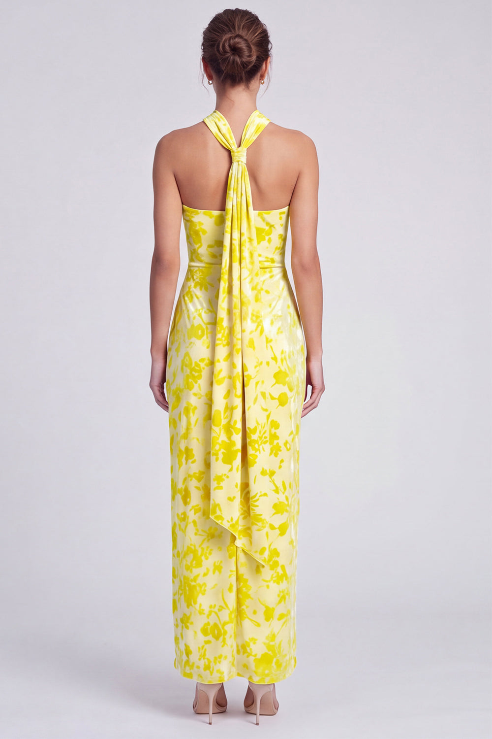 Pink Floral Halter Velvet Sheath Long Formal Dress with Slit