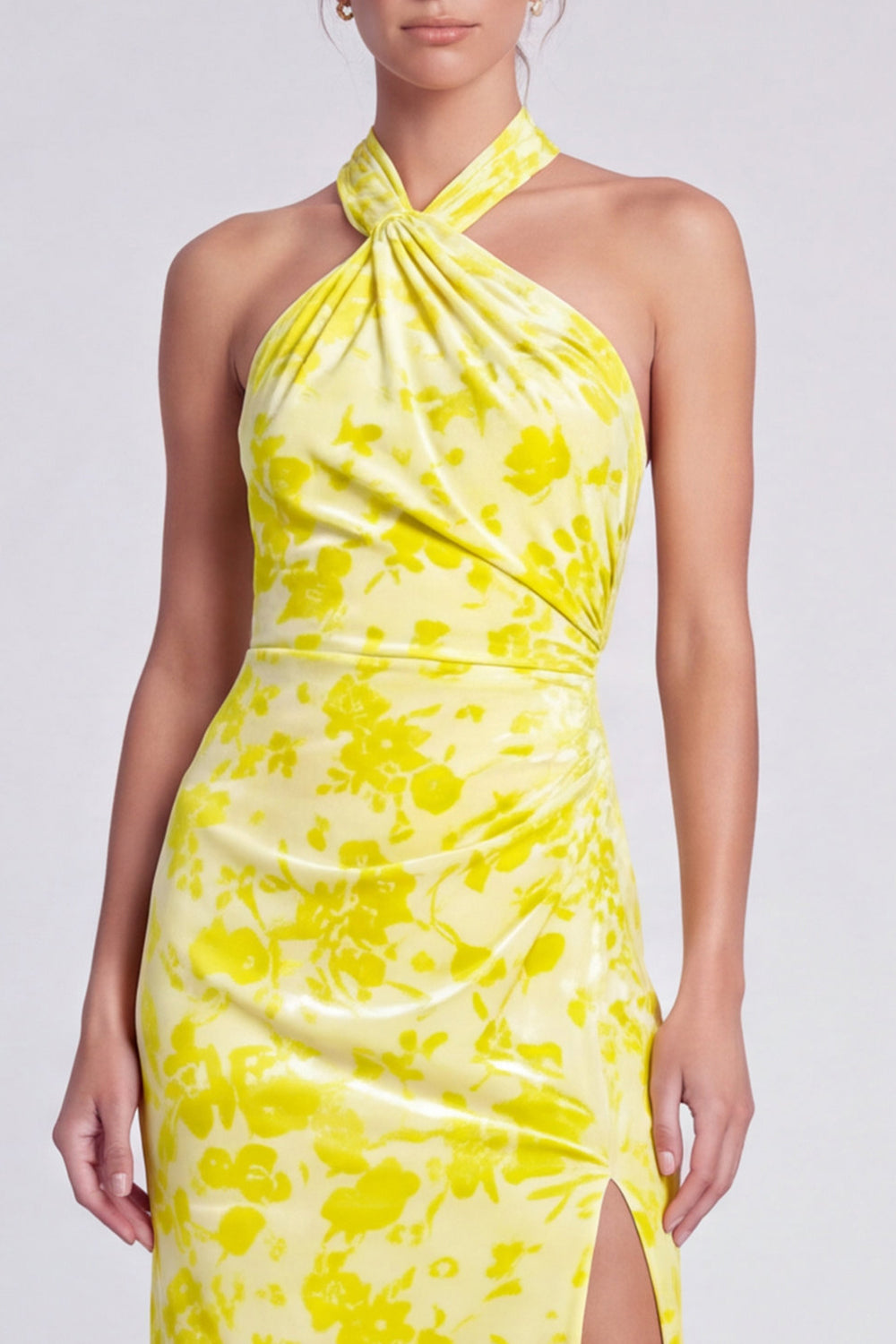 Pink Floral Halter Velvet Sheath Long Formal Dress with Slit