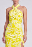 Pink Floral Halter Velvet Sheath Long Formal Dress with Slit