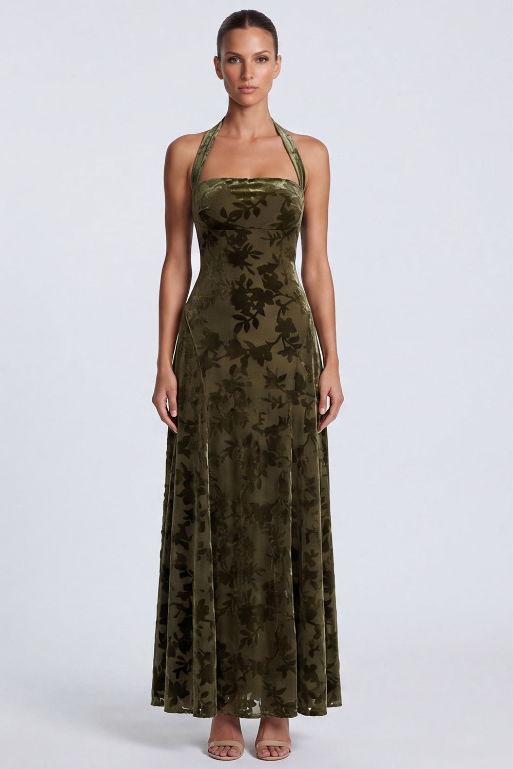 Olive Floral Sheath Halter Velvet Long Formal Dress
