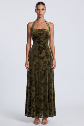 Olive Floral Sheath Halter Velvet Long Formal Dress