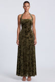 Olive Floral Sheath Halter Velvet Long Formal Dress