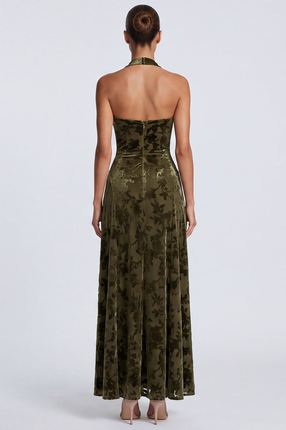 Olive Floral Sheath Halter Velvet Long Formal Dress
