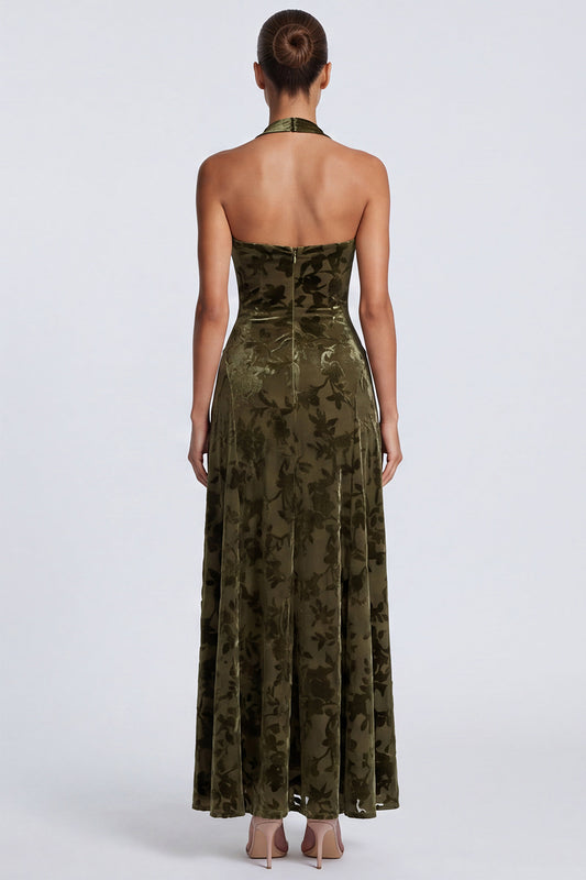Olive Floral Sheath Halter Velvet Long Formal Dress