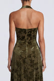 Olive Floral Sheath Halter Velvet Long Formal Dress