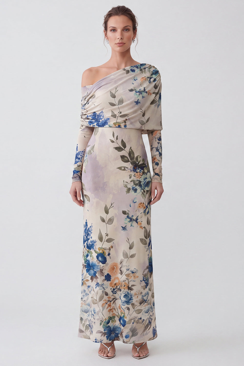 Ivory Floral Sheath One Shoulder Long Formal Dress with Sleeves