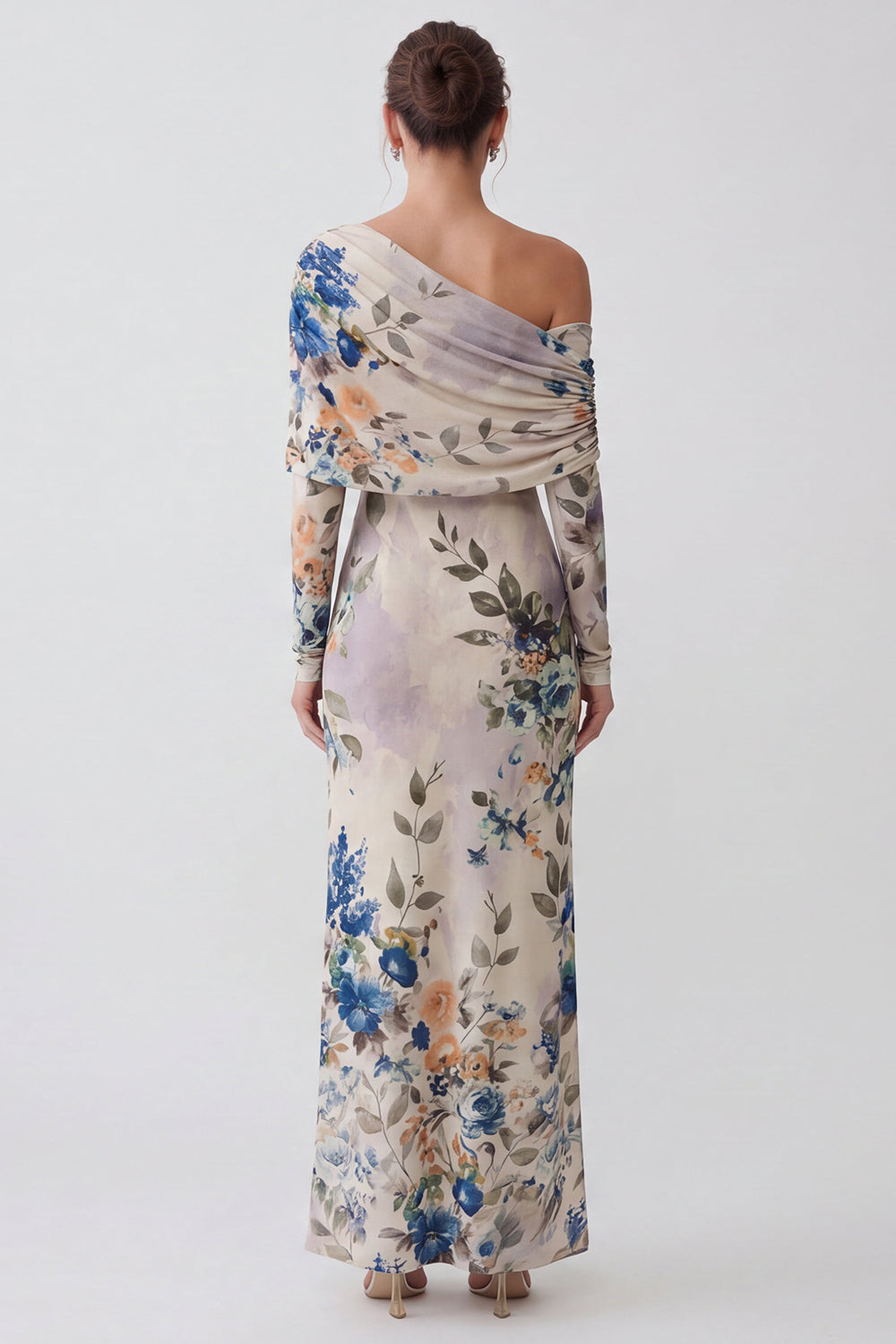 Ivory Floral Sheath One Shoulder Long Formal Dress with Sleeves