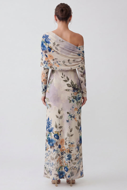 Ivory Floral Sheath One Shoulder Long Formal Dress with Sleeves