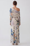 Ivory Floral Sheath One Shoulder Long Formal Dress with Sleeves
