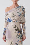Ivory Floral Sheath One Shoulder Long Formal Dress with Sleeves