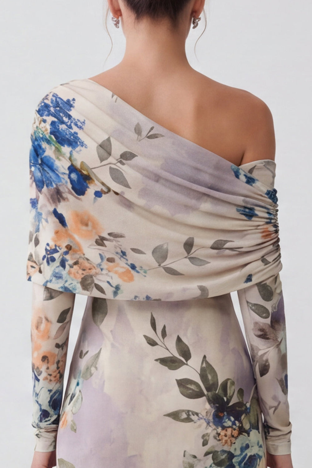 Ivory Floral Sheath One Shoulder Long Formal Dress with Sleeves