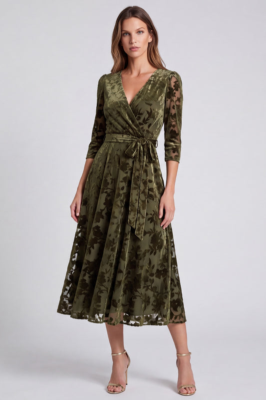 Olive Floral A Line V-Neck Velvet Midi Formal Dress with Sleeves