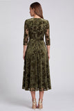 Olive Floral A Line V-Neck Velvet Midi Formal Dress with Sleeves