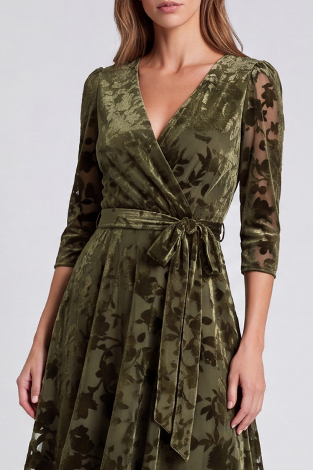 Olive Floral A Line V-Neck Velvet Midi Formal Dress with Sleeves