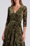 Olive Floral A Line V-Neck Velvet Midi Formal Dress with Sleeves