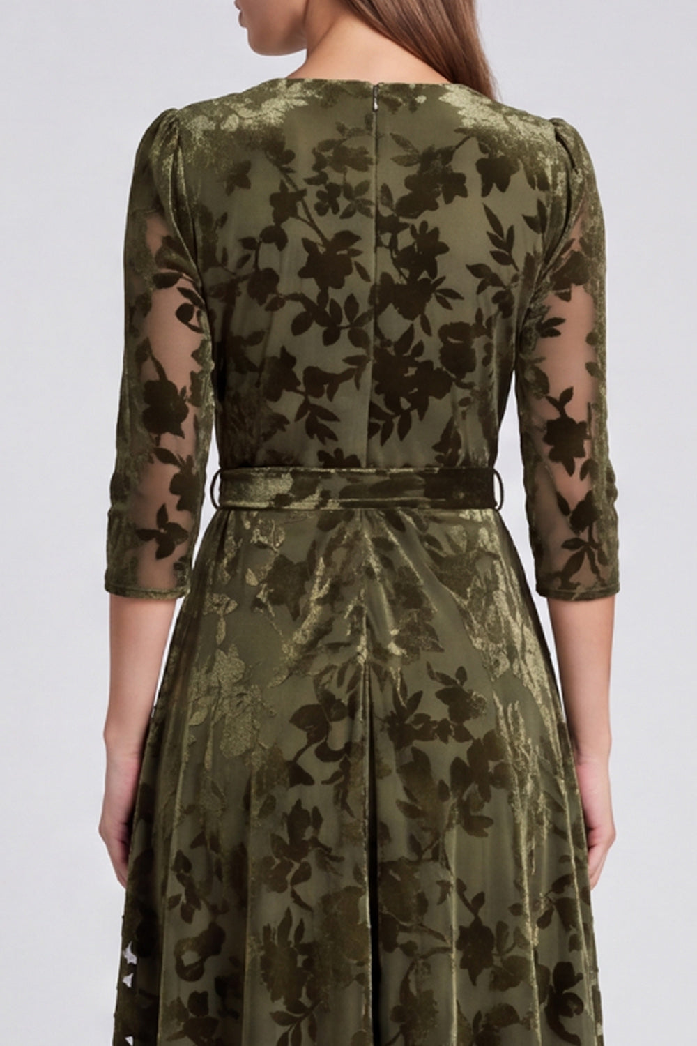 Olive Floral A Line V-Neck Velvet Midi Formal Dress with Sleeves