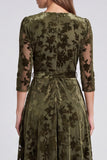 Olive Floral A Line V-Neck Velvet Midi Formal Dress with Sleeves